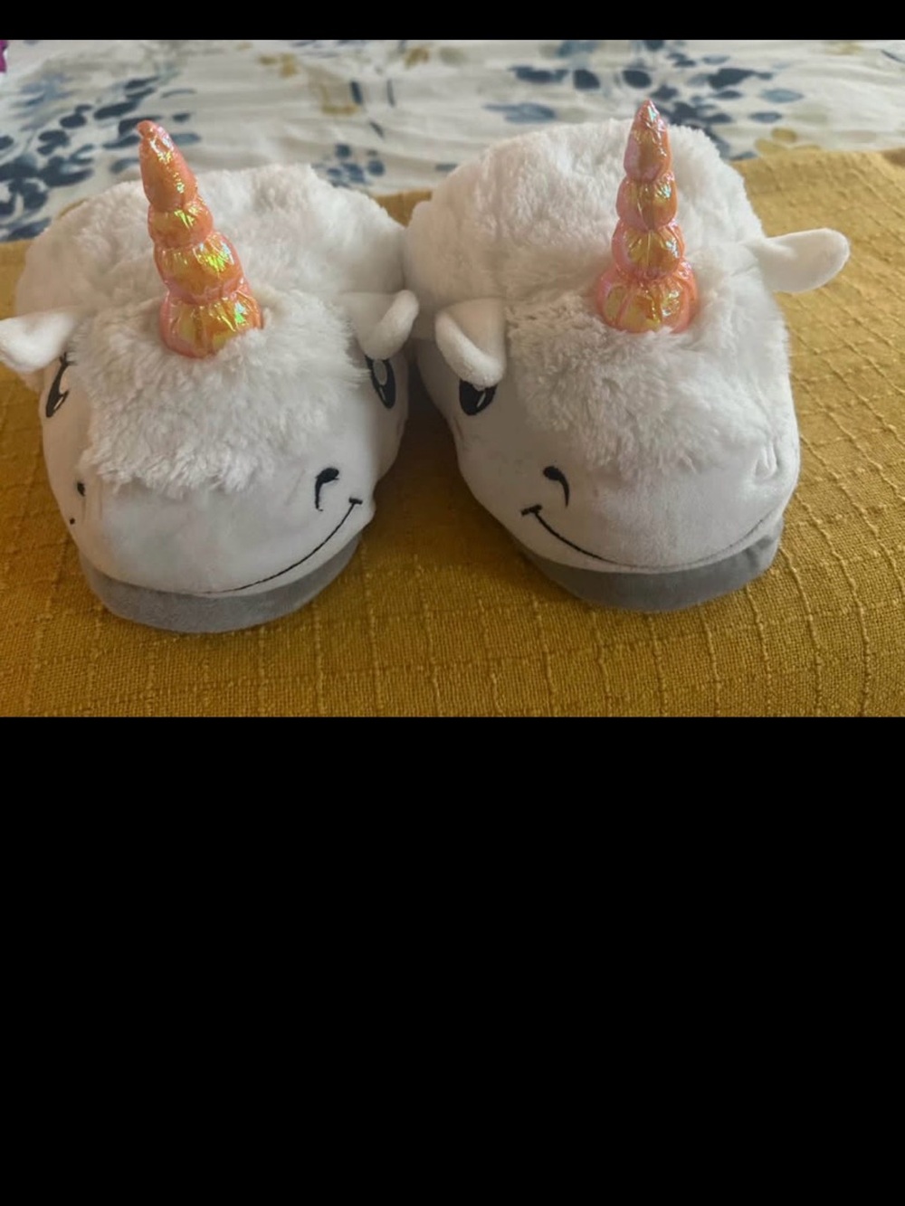 White Unicorn Plush Slippers with Iridescent Pink Horns
